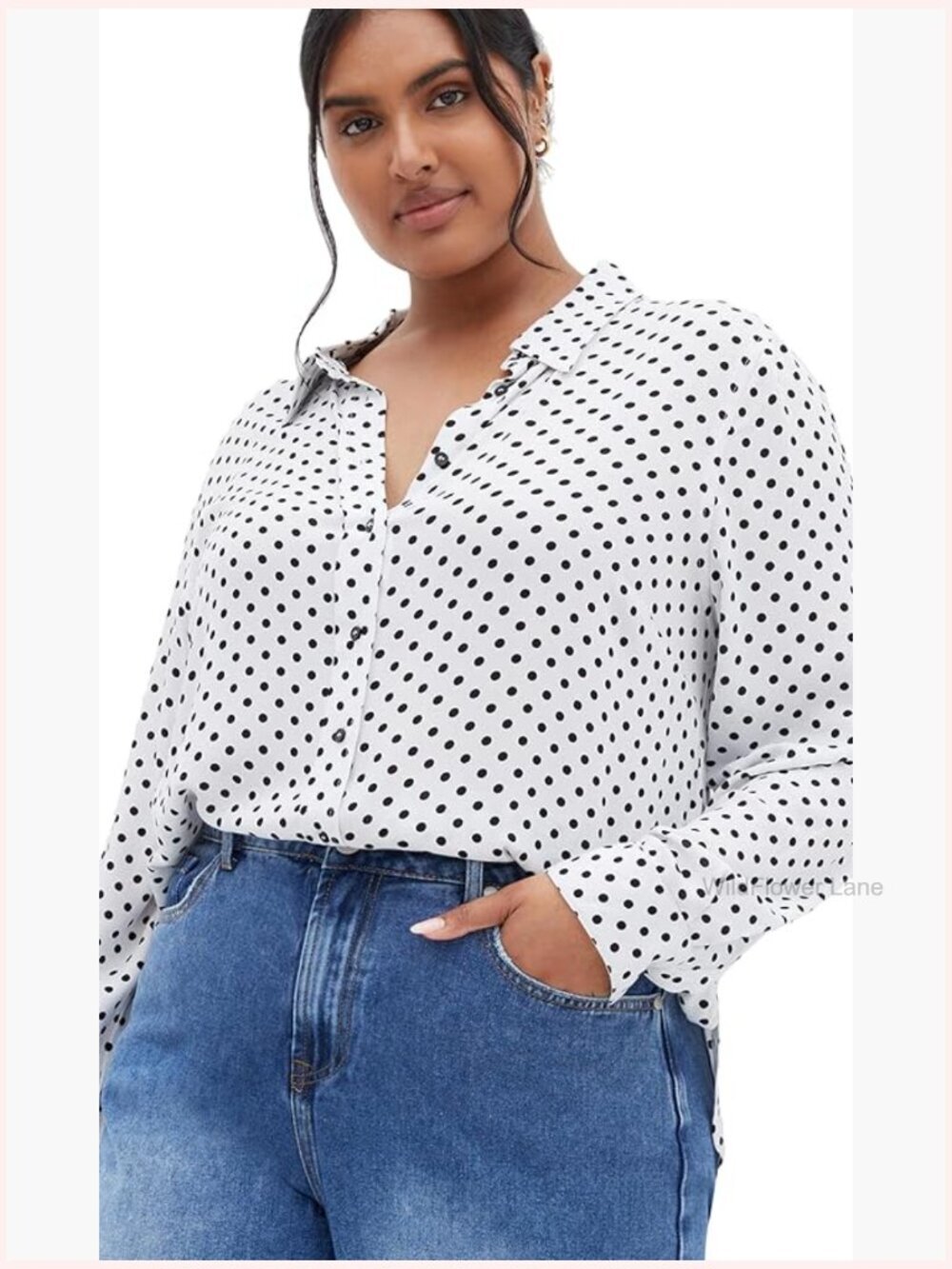 Plus Size Button Down Shirt with Stretch, Collared Neck, Long Sleeves, Relaxed